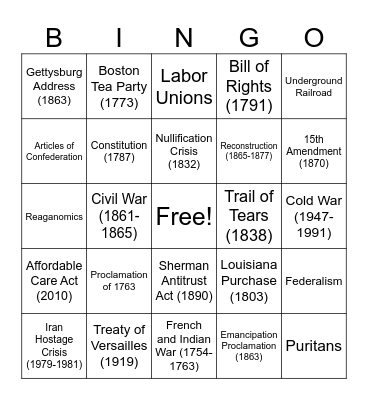 APUSH Review Bingo Card