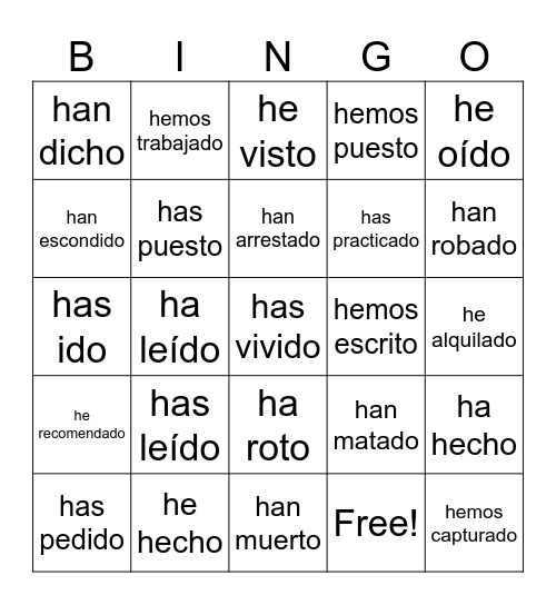 Present Perfect Bingo Card