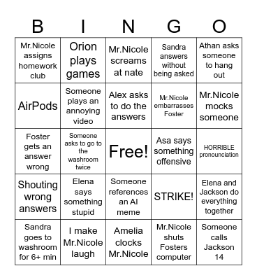 French Class Bingo Card