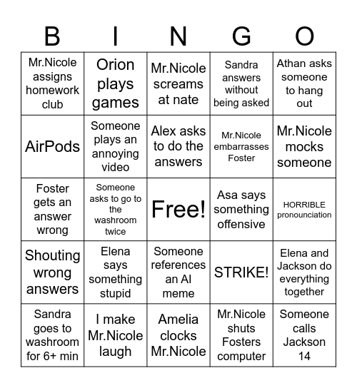 French Class Bingo Card