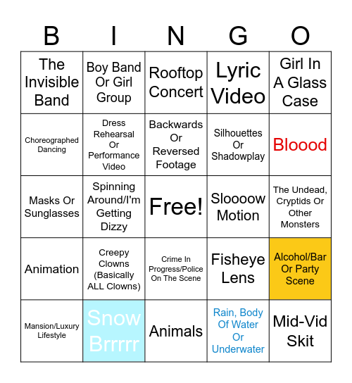 HaloDarkspyre's Music Video Tropes Rev. 3.5 (Now In Technicolor!) Bingo Card