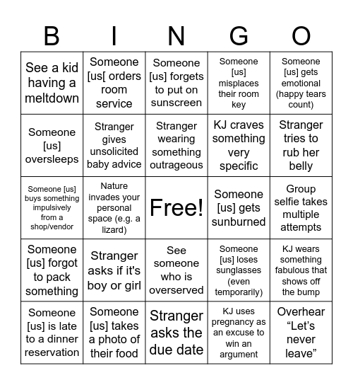 Babymoon Bingo!!! Bingo Card