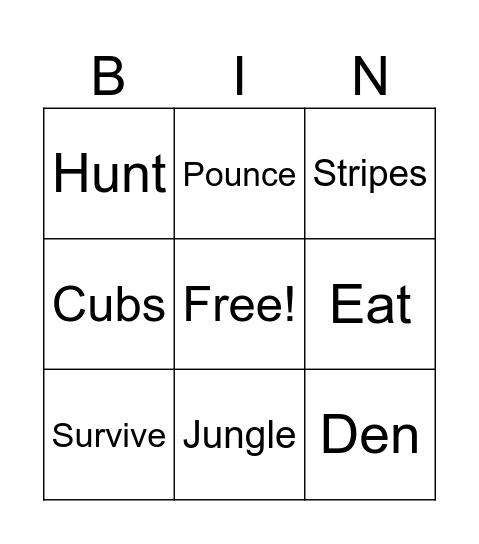 Tiger Bingo Card