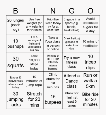 Town of Bedford Fitness Challenge Bingo Card