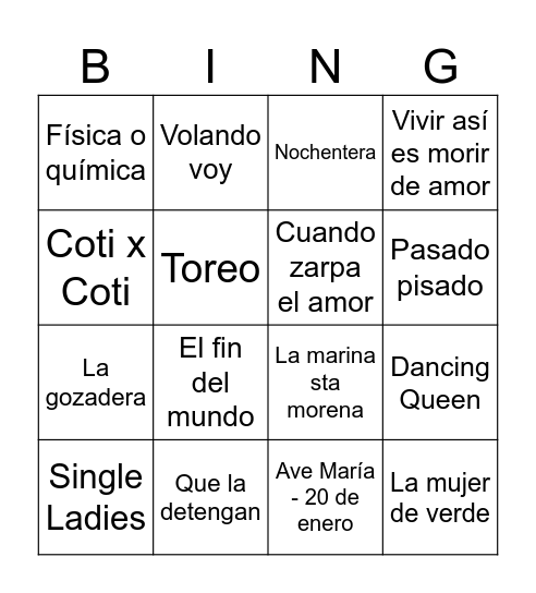 Bingo Musical Bingo Card
