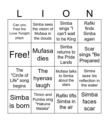 Lion King Bingo Card