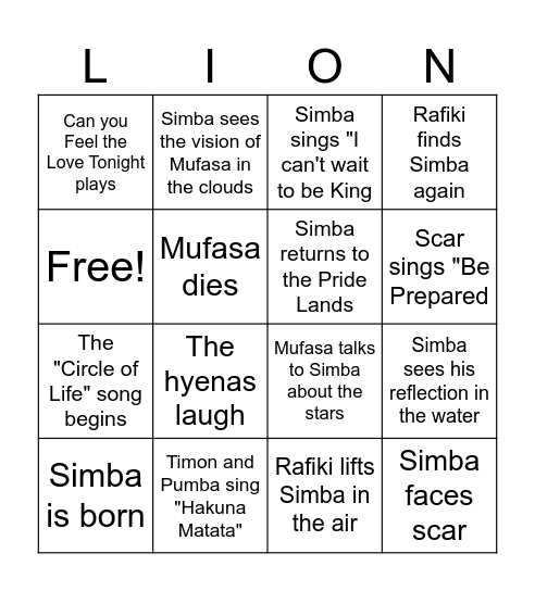 Lion King Bingo Card
