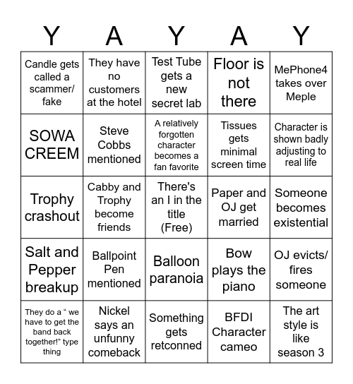 INANIMATE INSANITY SEASON 4 BINGO 3 Bingo Card