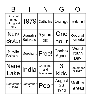 Mother Bingo Card