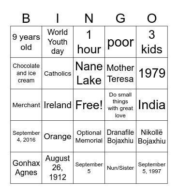 Mother Teresa Bingo Card