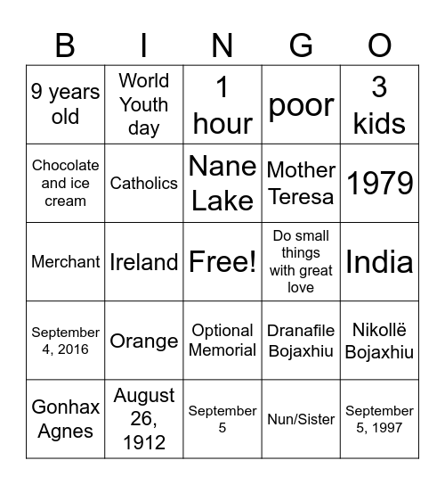 Mother Teresa Bingo Card