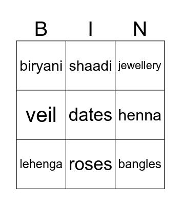 Maryam's Mehndi Bingo Card