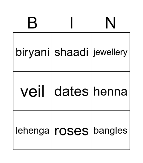 Maryam's Mehndi Bingo Card