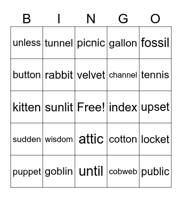 VC/CV Words Bingo Card