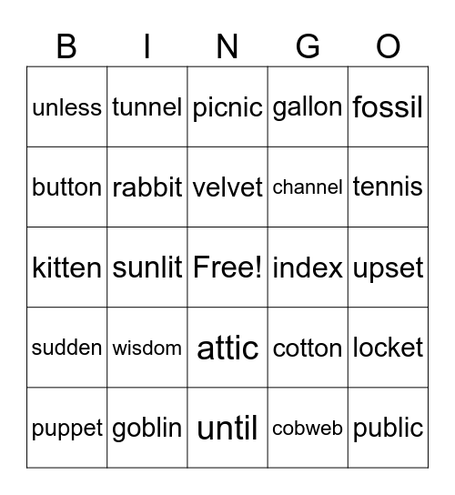 VC/CV Words Bingo Card