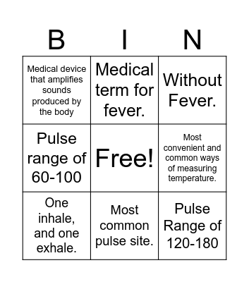 Vitals Bingo Card