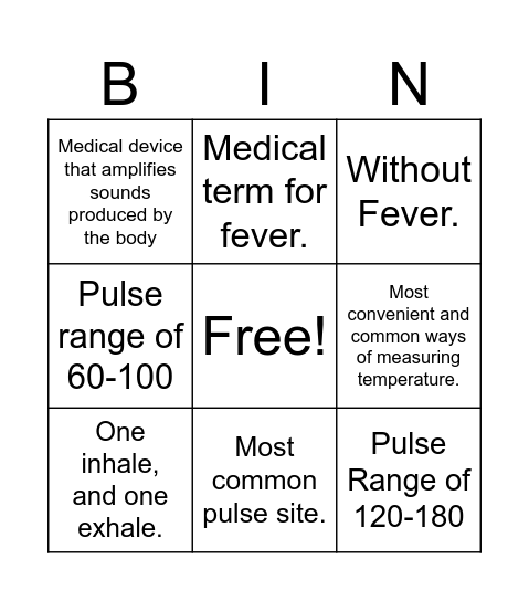 Vitals Bingo Card