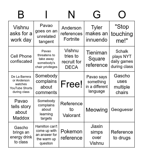 Comp Sci Bingo Card