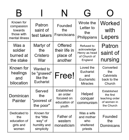 Saint Bingo-F Bingo Card