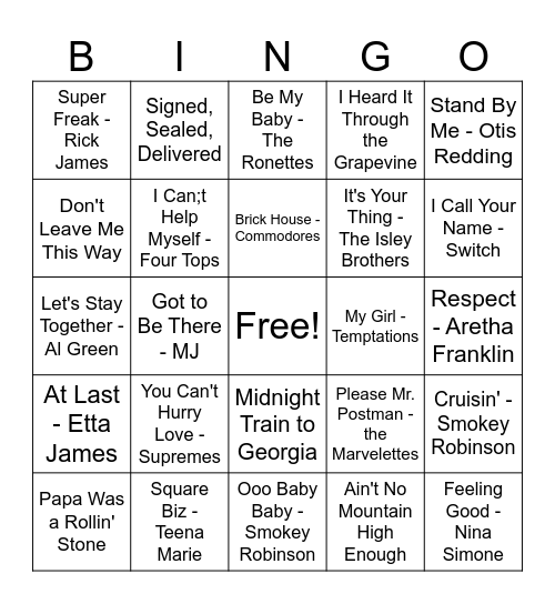 Kai's Motown Bingo Card
