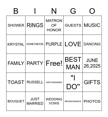 KRYSTAL'S BRIDAL SHOWER Bingo Card