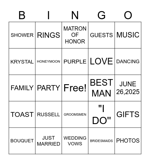 KRYSTAL'S BRIDAL SHOWER Bingo Card
