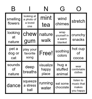 De-stress with your 5 senses Bingo Card