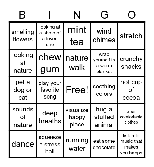 De-stress with your 5 senses Bingo Card
