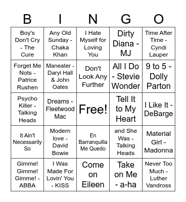 Kai's General 80s Bingo Card