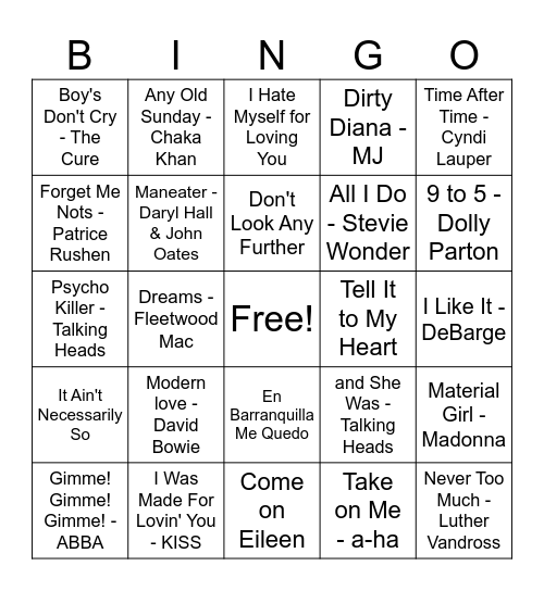 Kai's General 80s Bingo Card