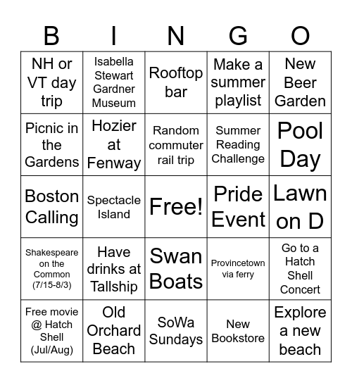 Summer 2025 Bucket List Bingo Card