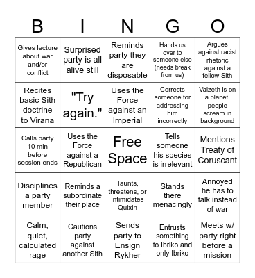 Darth Valzeth Bingo Card