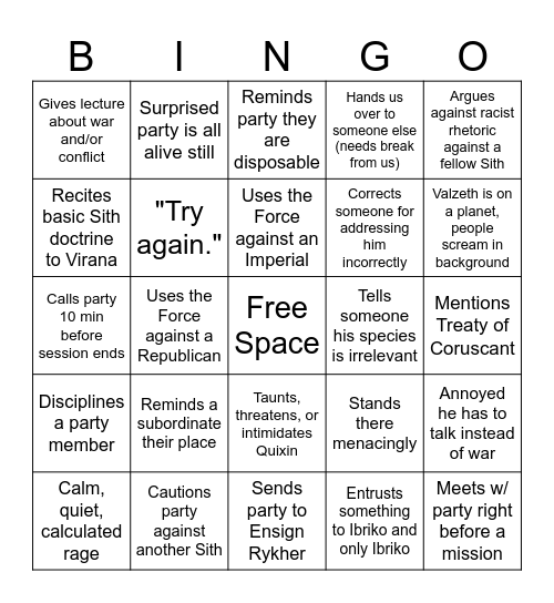 Darth Valzeth Bingo Card