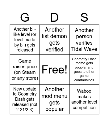 Geometry Dash Mid-Late 2025 Bingo Card
