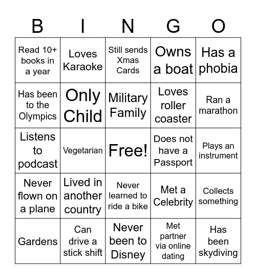 Mingle Bingo Card