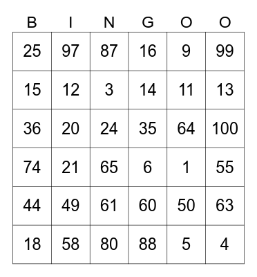 NUMBER BINGO Card