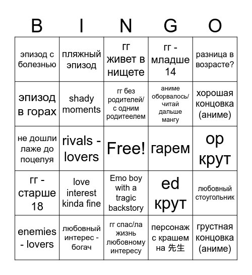 База аниме романтика Bingo Card