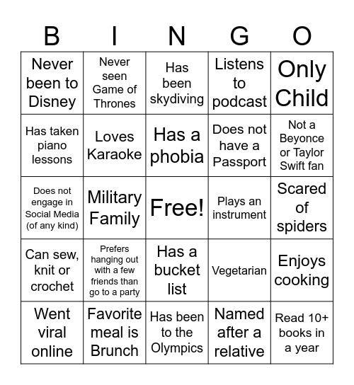 Mingle Bingo Card