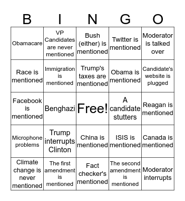 Presidential Debate 2016 Bingo Card