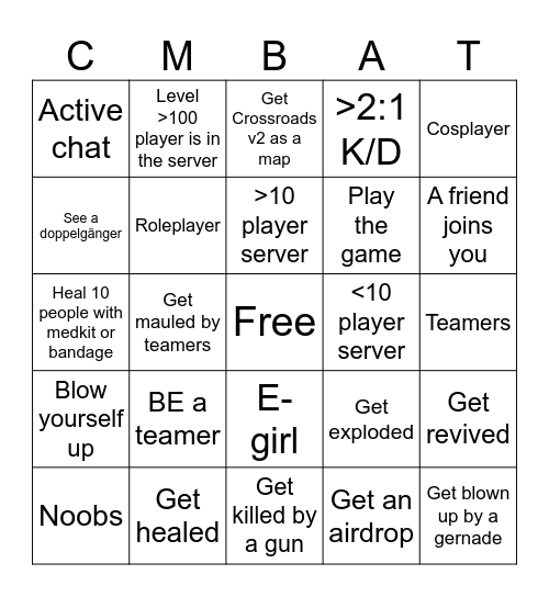 Combat Warriors Bingo Card
