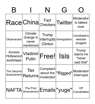 Presidential Debate 2016 Bingo Card