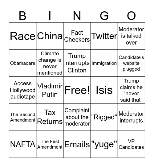 Presidential Debate 2016 Bingo Card