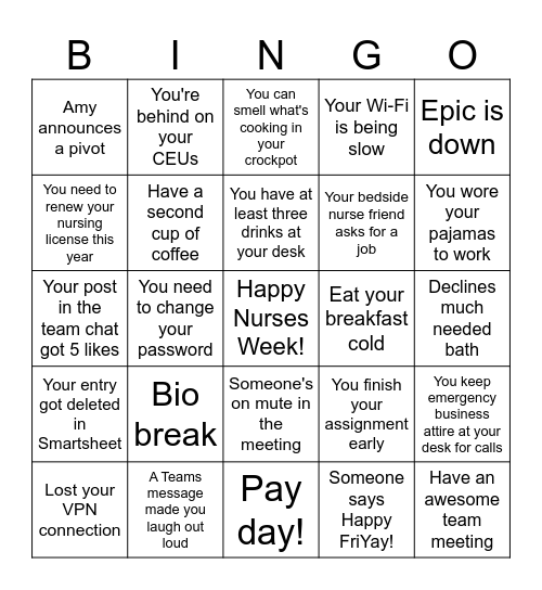 NURSES WEEK BINGO Card
