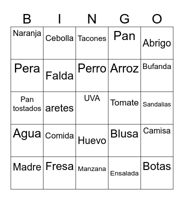 Spanish Nouns Bingo Card