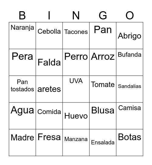 Spanish Nouns Bingo Card