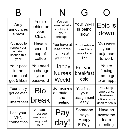 NURSES WEEK BINGO Card