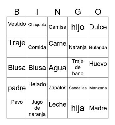 Spanish nouns Bingo Card