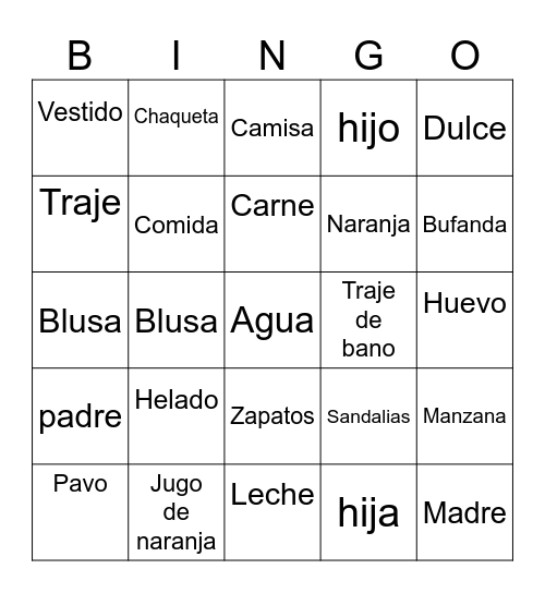 Spanish nouns Bingo Card