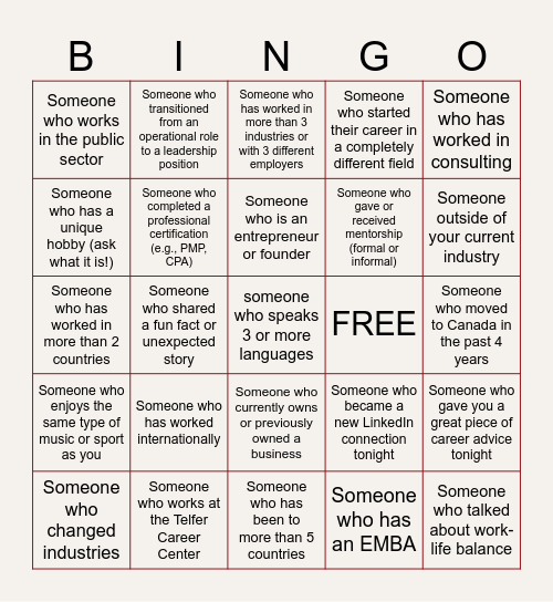 MBA NETWORK RECEPTION    -    DID YOU TALK TO ? Bingo Card