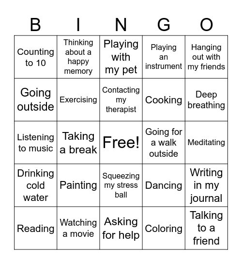 Summer Coping Skills Bingo Card